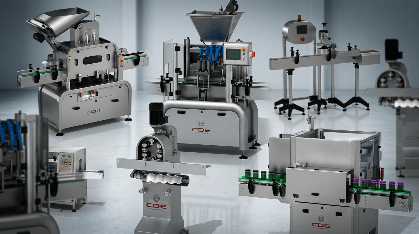 Maquinaria industrial de cerrado y envasado de CDE Smart Technology para líneas de producción alimentaria, cosmética y farmacéutica.