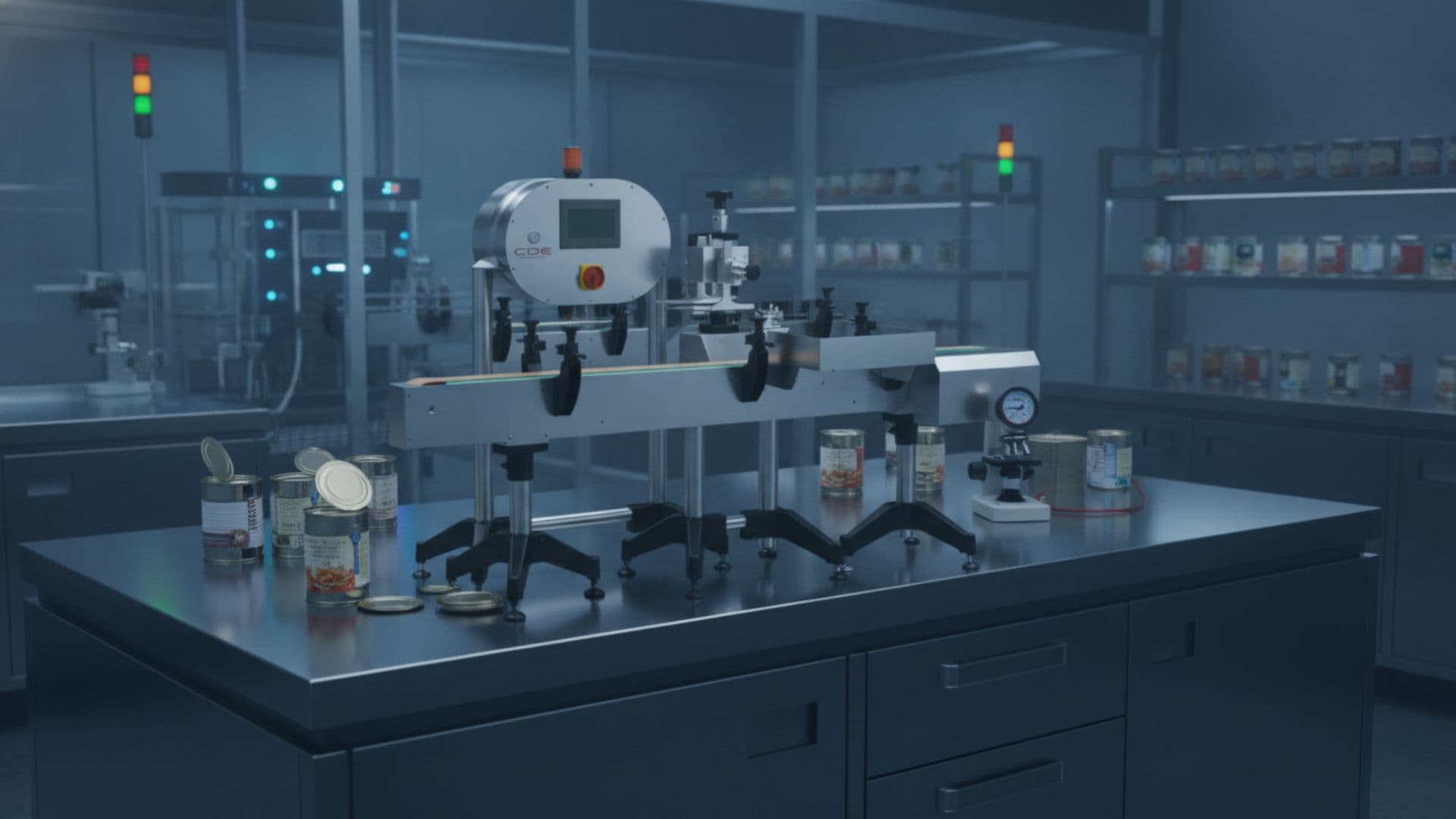 `Detector de vacío CDE-DVI en entorno de laboratorio industrial junto a latas de conserva para control de calidad y verificación de cierre en línea de envasado`