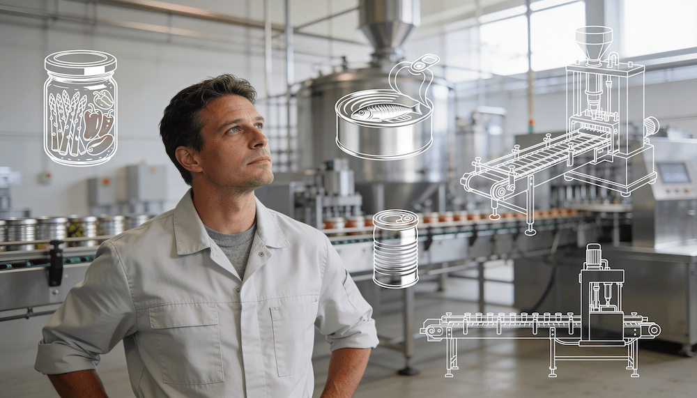 Ingeniero de planta alimentaria visualizando el diseño de una línea de envasado completa, con esquemas de llenadora, cerradora, cintas de transporte, tarros y latas de conserva
